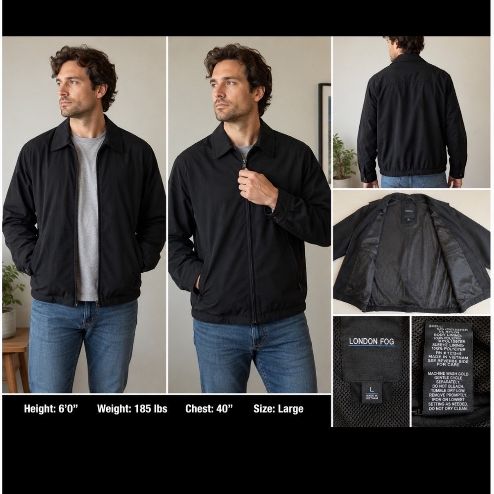 London Fog Mens Large Black Microfiber Zip Front Lightweight Jacket RN121545